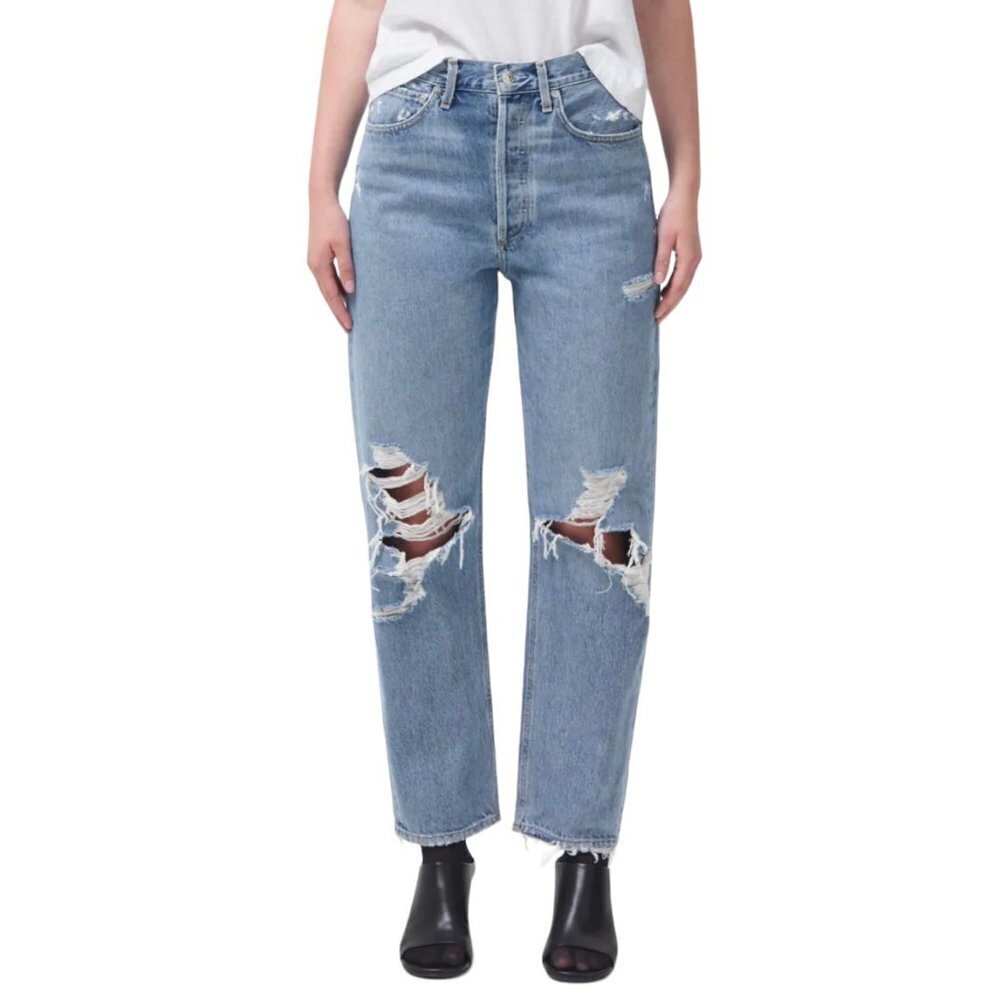 Agolde 90’s High Rise Loose Fit Medium Wash Distressed Jeans in Fallout Size 28
